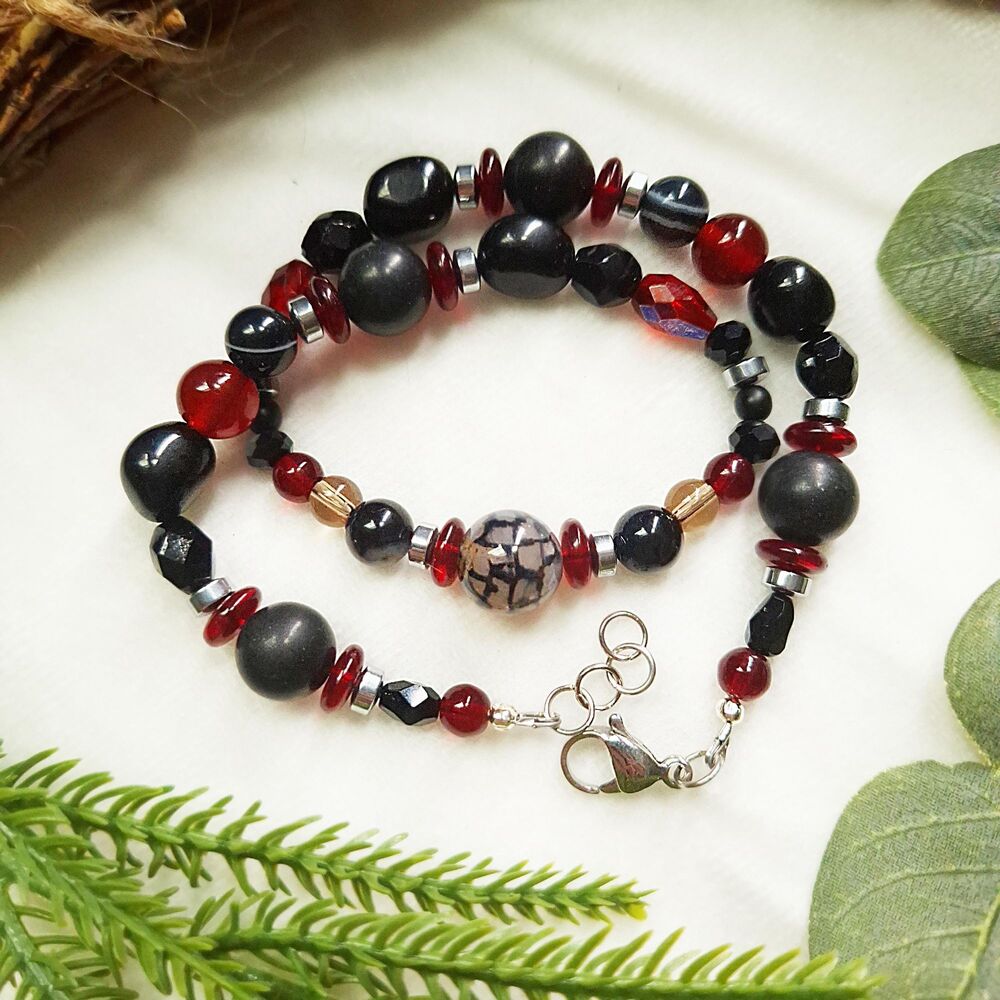 Whimsigoth Spiderweb Agate Choker Necklace, Black Onyx, Jasper, & Ruby Red Glass - Picture 3 of 12